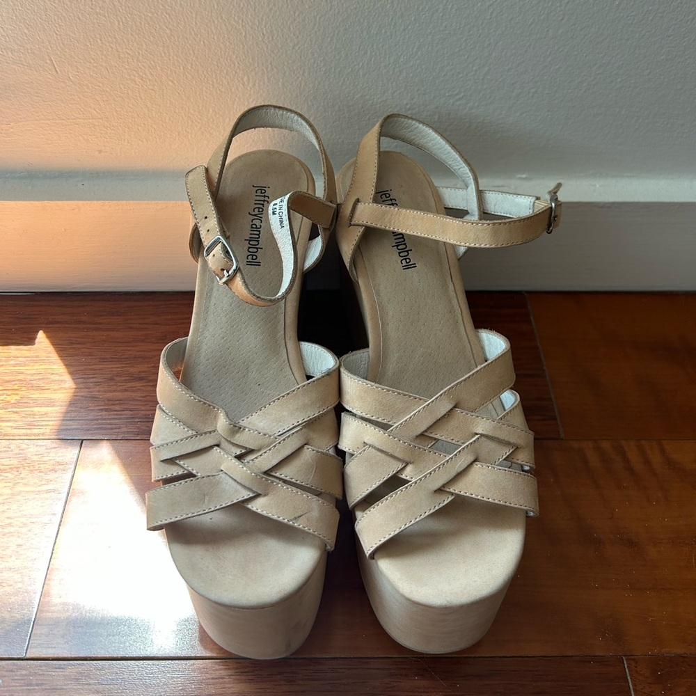 HARD TO FIND / RARE Jeffrey Campbell Platform Beige Strappy Wooden Block Sandals